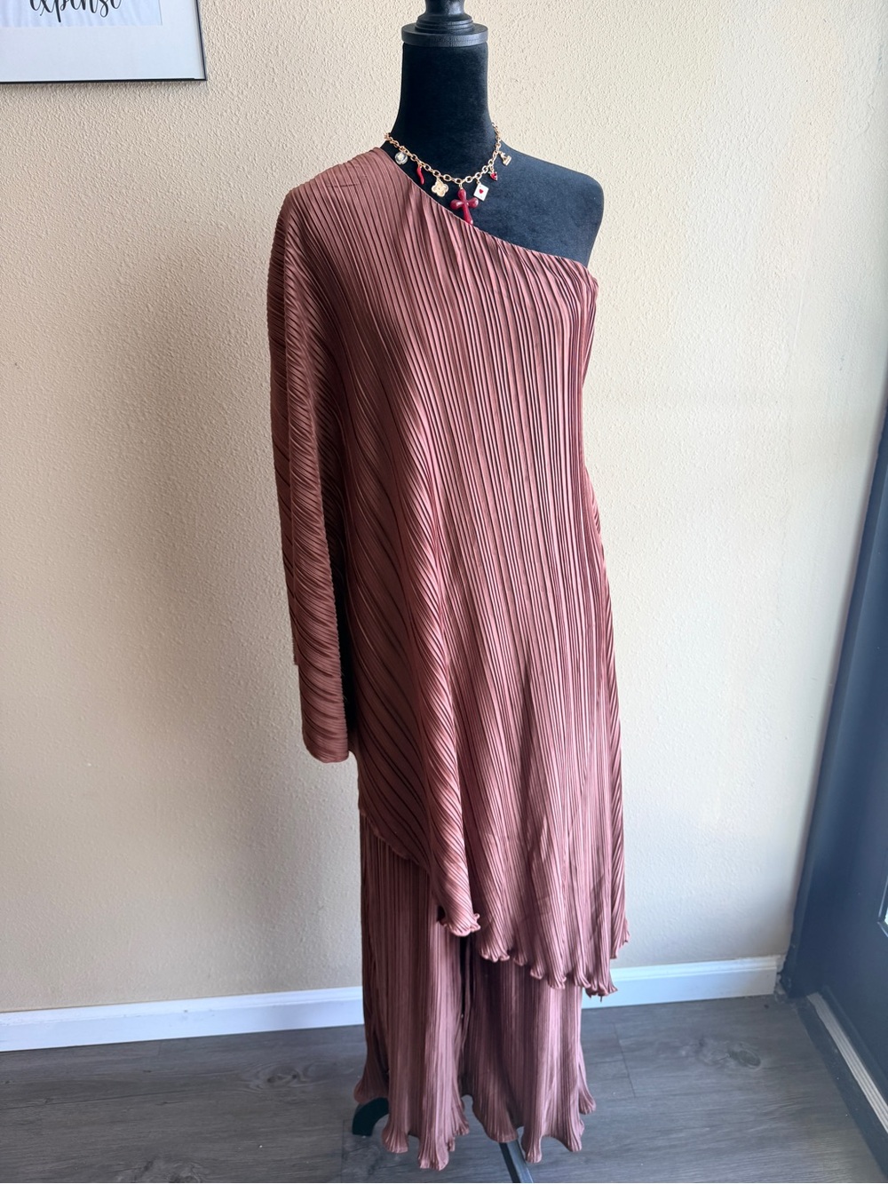 One-Shoulder Pleated Brown Dress